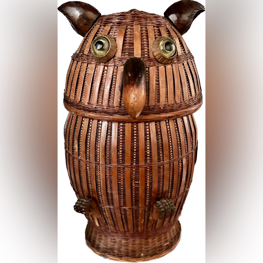 Vintage Boho Owl Wicker Rattan Figural Owl Lidded Basket Boho Bohemian